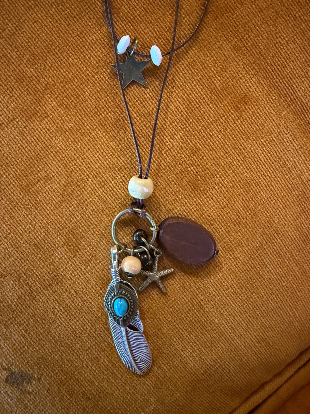 Bohemian Brown and Turquoise Feather Charm Necklace